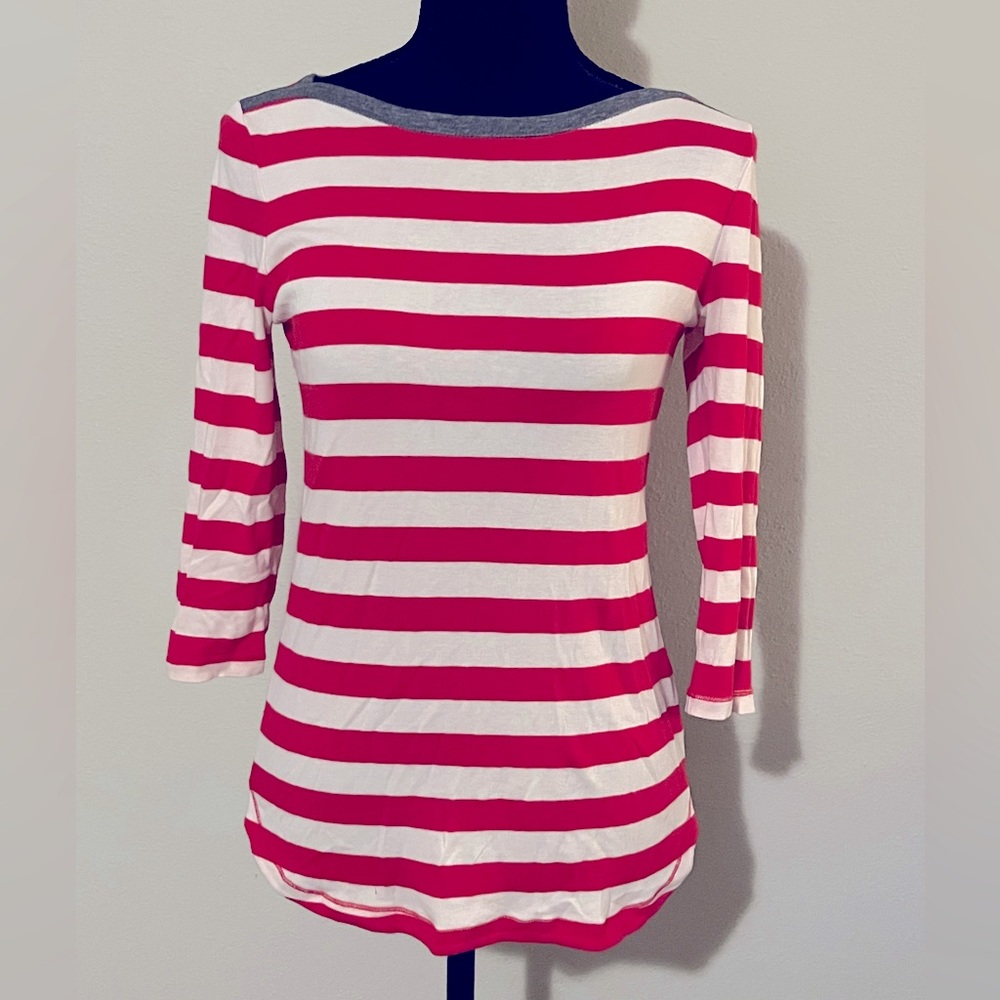 GAP The Bowery super soft boatneck Size S 3/4 length sleeve. Red/cream stripe.